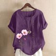 thumbnail image 2 of Pisexur Hauts pour Femmes, Chemisiers pour Femmes Chic Décontracté, Haut en Lin Décontracté pour Femmes à Col Rond Grande Taille Imprimé à Manches Courtes avec Boutons T-shirt Blouse Violet, P, 2 of 5