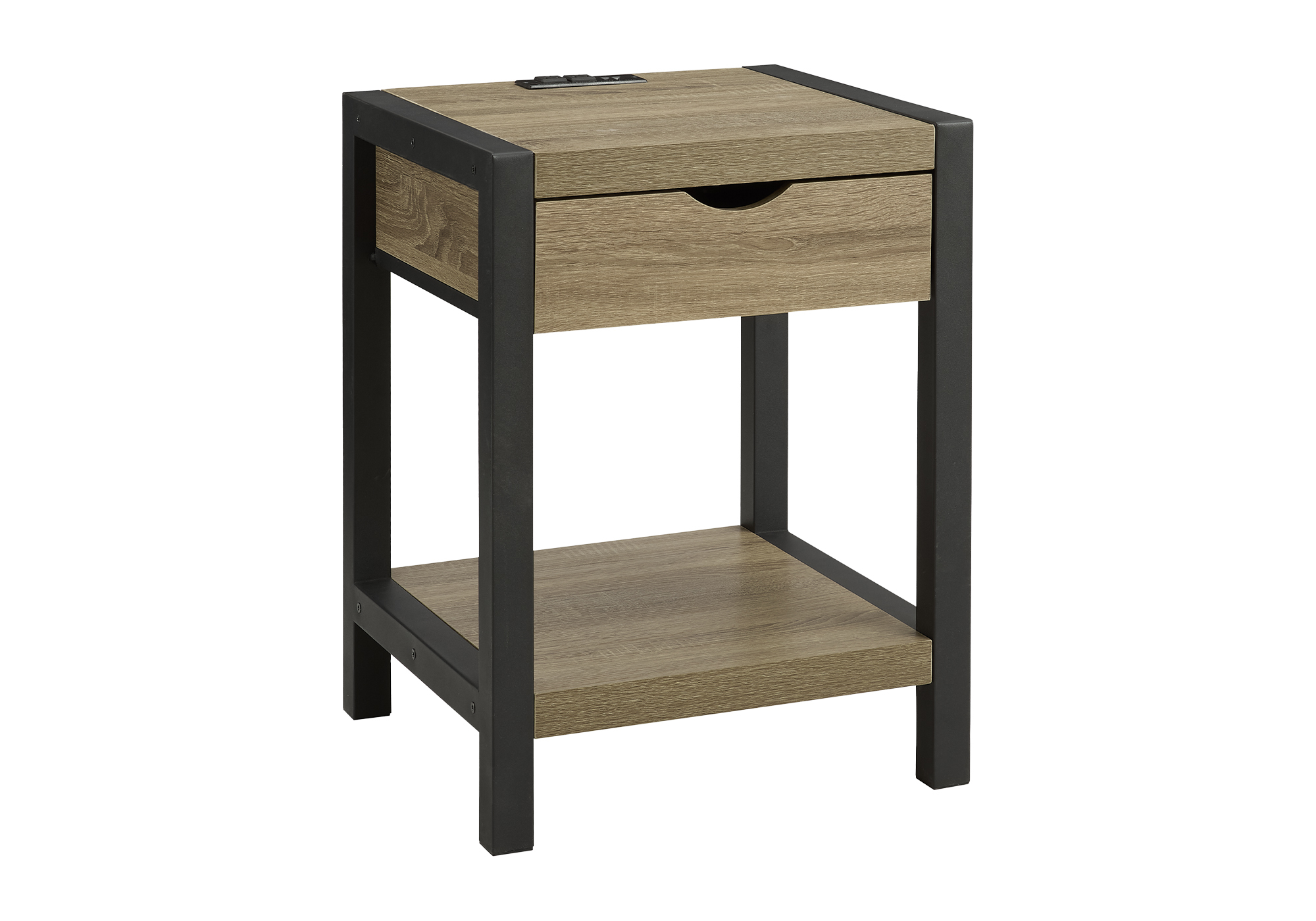 Monarch Specialties - Table D'Appoint, 24"H, 2 Niveaux, Bout, Table D'Appoint, Table De Nuit, Lampe, Tiroir De Rangement, Stratifié Taupe Foncé, Métal Noir, Contemporain