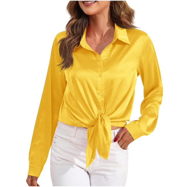 Timegard Womens Tops Satin Lapel Neck Front Knot Long Sleeve Button up Shirts Dressy Casual Comfy Top