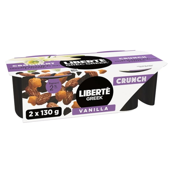 Liberte Grec 2 % Coupes Croquantes de Yogourt à la Gousse de Vanille avec Garnitures de Chocolat Noir, d'Amandes Salées et de Caramel, 2x130g