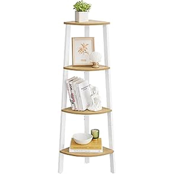 VASAGLE Corner Shelf Stand, 4-Tier Corner Bookshelf, Industrial Ladder Shelf, Plant Stand for Living Room, Office, Kitchen, Natural Oak and Matte White
