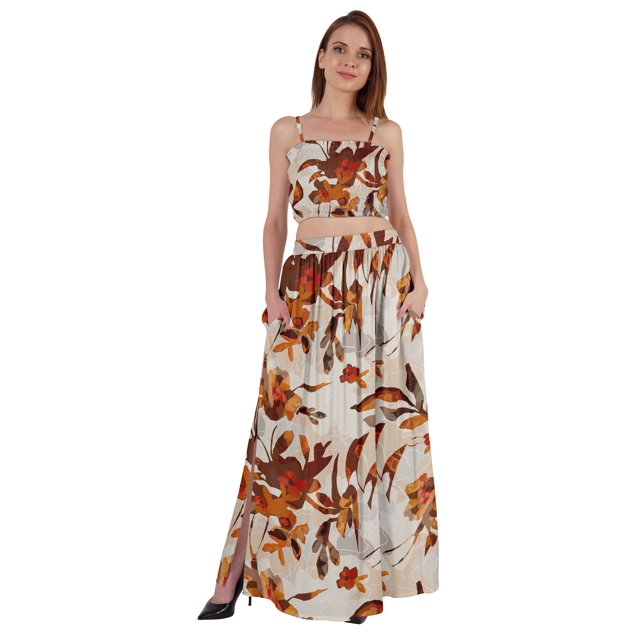 Bimba 2 Pcs Robe de Plage Aguichant pour Femmes Imprimée Smockée Crop Top & Longue Jupe Ensemble