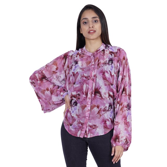 Moomaya Chemise Boutonnée Imprimée pour Femme Col Mandarin Manches Longues Haut d'Été