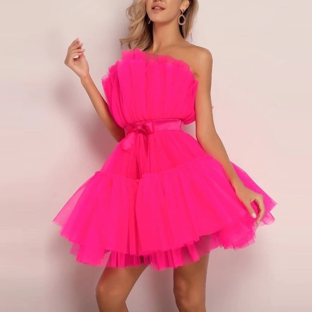 Économies à Durée Limitée, Robe Courte Sans Manches pour Femme en Maille Unie Style Princesse Sans Bretelles pour Tenue Décontractée et de Soirée Style Polyvalent/polyester, Rose Vif, Sopatenor