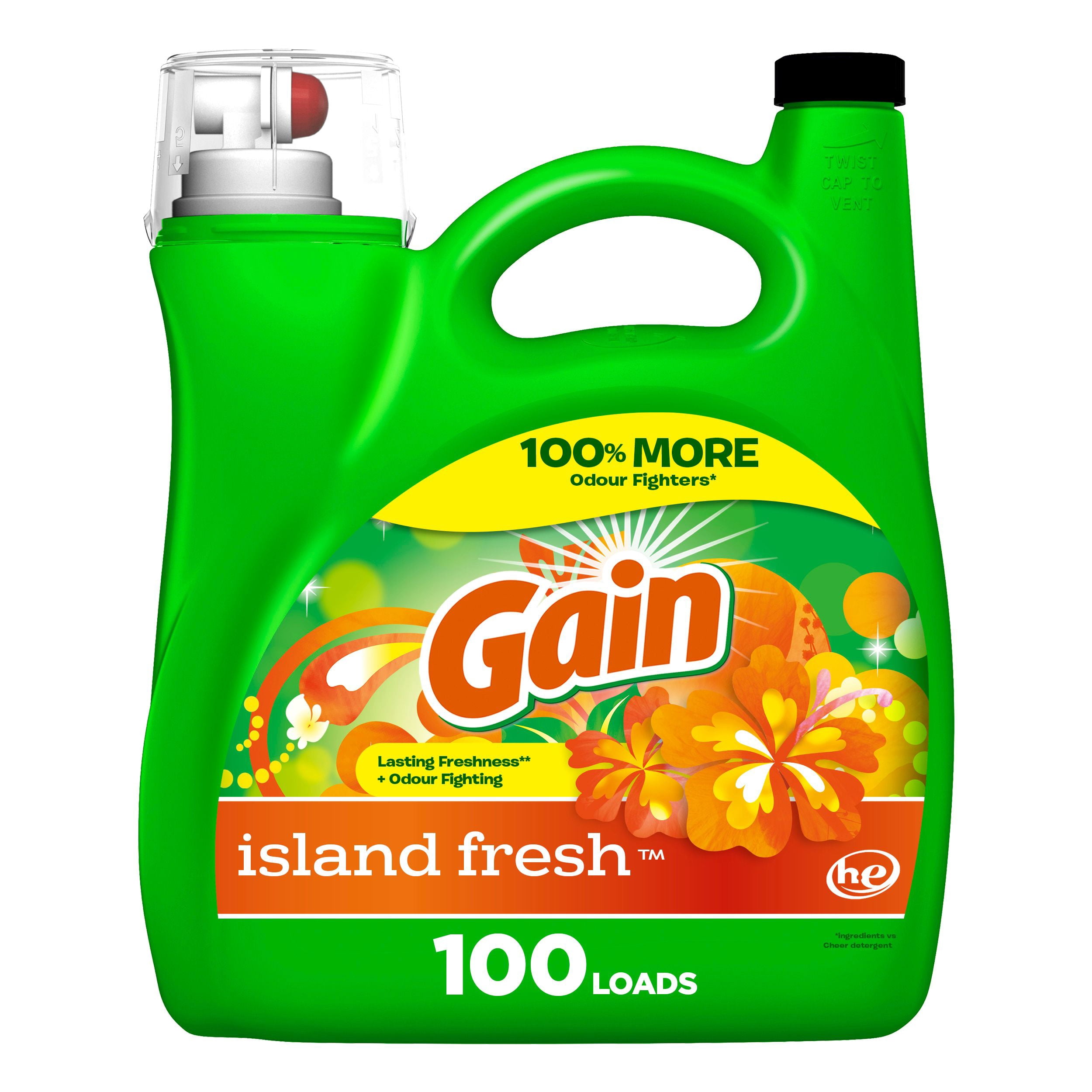 Gain Détergent Liquide à Lessive, Parfum Fraîcheur des Îles, Fraîcheur + Élimination des Odeurs, Savon Nettoyant Liquide pour Laveuse Haute Efficacité, 4.25 Litres, 100 Brassées