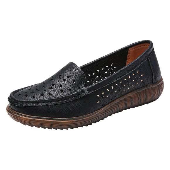 LOVZFMLL Women's Penny Loafers Non-Slip Cutout Breathable Walking Sneakers Slip On Leather Hollow Dress Flat Shoes Black 8