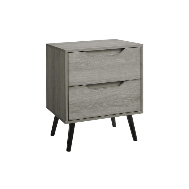 Monarch Specialties Accent Table, Side Table, End, Storage Drawer, Nightstand, Bedroom, Living Room, grey wood laminate nightstand with two recessed-handle drawers, standing 24 inches high on four angled black solid wood legs, designed for modern bedroom or living room use and ideal for organizing essentials in compact spaces.