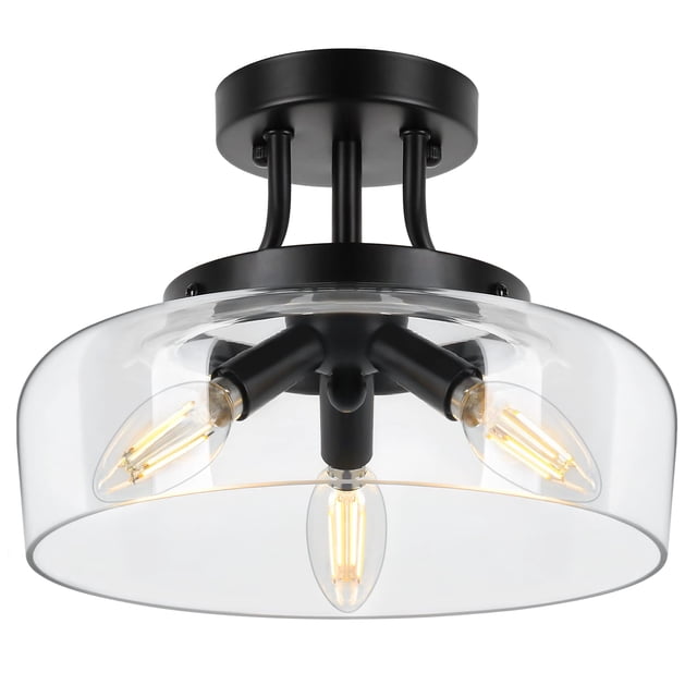 Modern Industrial Semi Flush Mount Ceiling Light with Clear Glass Shade, 3-Bulb Black Ceiling Light Fixture for Kitchen Bedroom L