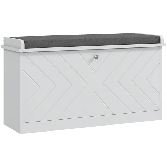 HOMCOM Banc à Chaussures avec Tiroir Basculant, Coussin, 8 Paires pour l'Entrée Blanc. un Banc compact de Rangement pour Chaussures Blanc avec Motifs de Lignes Embossées et une Poignée Ronde sur le Tiroir Basculant. Comprend un Siège Coussin Rembourré Recouvert de Tissu Effet Lin Gris, Amovible et Lavable. Conçu pour Ranger jusqu'à 8 Paires de Chaussures avec Séparateurs Ajustables Ou Amovibles pour Faire Varier la Hauteur des Chaussures. Fabriqué en MDF et Panneau de Particules pour la Durabilité, Idéal pour l'Organisation de l'Entrée dans les Petits Ou Étroits Espaces.