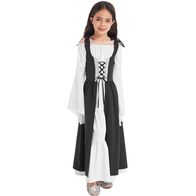 Xnihocha Robe Médiévale Renaissance Rétro pour Filles Halloween Manches Longues Évasées Lacée Maxi Longue Robe Noire 12