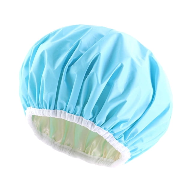 TopLLC Printed Shower Cap with a double-layer design featuring a light blue exterior and white elastic trim. Made from durable EVA material, it is reusable, lightweight, and designed to keep hair dry during bathing, cooking, or sleeping. The cap measures approximately 29 cm (11.4 inches) in diameter, suitable for all hair lengths and thicknesses. Ideal for personal care activities such as makeup application, facial cleaning, and household tasks.