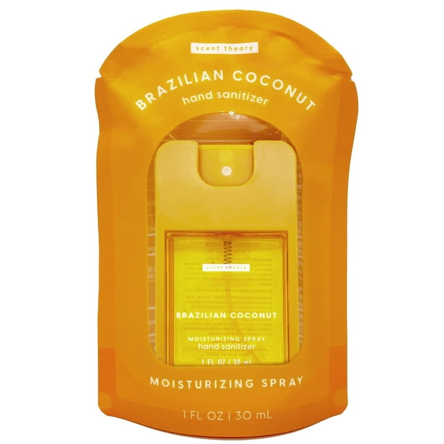 Scent Theory Hand Sanitizer Spray, Brazilian Coconut, 1 fl oz, in a compact, travel-friendly bottle with vibrant orange packaging. The label highlights its moisturizing formula with 62% ethyl alcohol and aloe vera, offering a tropical coconut scent blended with creamy pistachio and salted caramel. Perfect travel size hand sanitizer for on-the-go use.