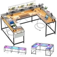 thumbnail image 1 of Kojooin Bureau de Bureau à Domicile en Forme de U, Bureau d'Ordinateur de Jeu en Forme de L Réversible avec Prises de Courant, Bureau d'Ordinateur de 126 Pouces avec Support pour Moniteur et Lumières DEL, Étagères de Rangement, Sac de Rangement et Crochets, 1 of 9