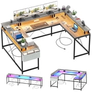 Yiwa U Shaped Home Office Desk, Reversible L Shaped Gaming Computer Desk with Power Outlets,126 Inch Computer Desk with Monitor Stand and LED Lights,Storage Shelves,Storage Bag and Hooks