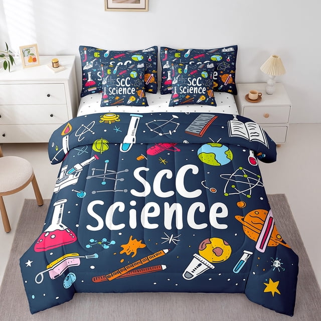 Chemistry Bed in a Bag King 7 Pieces,Colorful Chemical Test Tube Comforter Set Reversible Science Equation Design,Ultra Soft & Breathable Bedding Sets with Comforter,Sheets,Pillowcases & Shams
