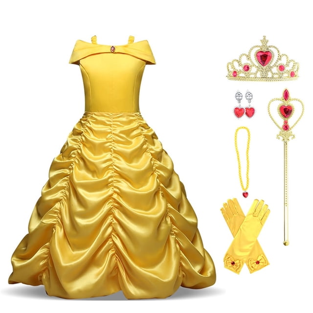 Belle Robe de Princesse, Robe Superposée à Épaules Dénudées pour Déguisement pour Fête d'Halloween. Cette Robe de Princesse Jaune Pur Présente un design à Épaules Dénudées avec une Broche Diamant Ton Or Non Détachable sur la Poitrine. la Robe Est Faite d'Une Doublure en Coton Douce pour la Peau et d'Une Couche Extérieure en polyester Brillant, Assurant Confort et Élégance. Elle a une Jupe Superposée à Volants pour un Style Complet et Duveteux, et une Fermeture Éclair Coulissante Dissimulée à l'Arrière pour un Enfilage Facile. les Accessoires Incluent un Diadème, une Baguette, des Gants, un Collier