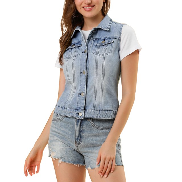 INSPIRE CHIC Women's Washed Chest Flap Pockets Single Breasted Denim Vest Jacket