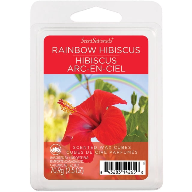 ScentSationals Scented Wax Cubes - Rainbow Hibiscus in a clear plastic clamshell package featuring a bright red hibiscus flower with green leaves and a rainbow in the background, weighing 70.9g (2.5 oz). These wax melts release a soothing tropical floral scent when warmed in an electric wax warmer, suitable for enhancing home fragrance and creating a relaxing atmosphere.