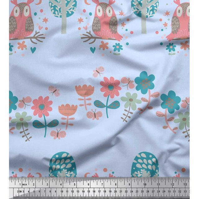 Soimoi Rayon Fabric Floral,Tree & Owl Kids Print Fabric by Yard 42 Inch Wide