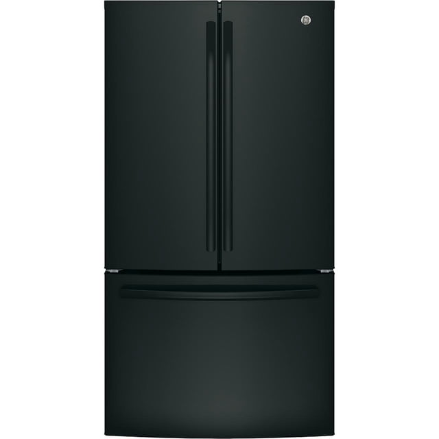 GE Réfrigérateur à Portes Françaises de 26,7 Pi3 en Noir, Modèle GNE27JGMBB. Présente une Finition Noire à Fini Très Lustré avec Poignées Assorties aux Couleurs, Conception de Portes Françaises et Tiroir de Congélateur Coulissant. Comprend une Technologie de Filtre à Eau APF pour Assainir l'Eau et la Glace, une Tablette d'Espace Rapide Réglable pour les Articles Hauts et une Conformité ADA pour l'Accessibilité. Équipé de Commandes de Température Externes, d'Un Éclairage Intérieur à DEL et d'Une Machine à Glaçons Installée. Certifié Energy Star pour