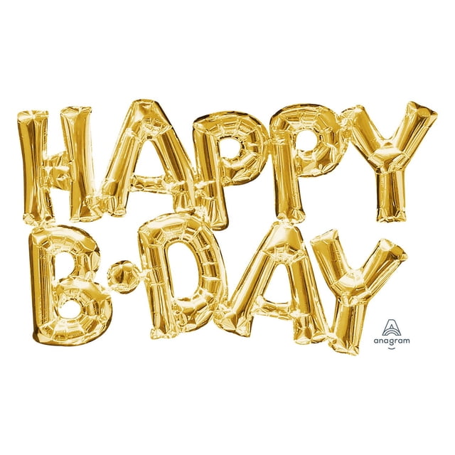 Anagram International Party Eh! Silver "Happy Birthday" Banner with gold foil air-filled balloon letters spelling 'HAPPY B-DAY' in two rows, suitable for birthday party decorations, taped to walls or used as a photobooth prop, inflated easily with included straw without helium.