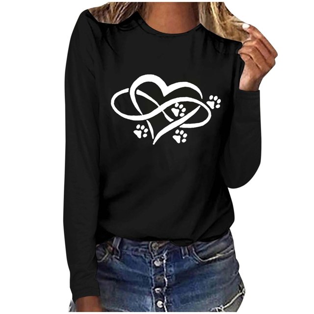 Pisexur Hauts pour Femmes Mode d'Automne T-Shirt à Imprimé Graphique Cœur Col Rond Manches Longues Chemises pour Femmes Chic Décontracté Hauts de Sortie Confort Polyvalent Blouses Légères