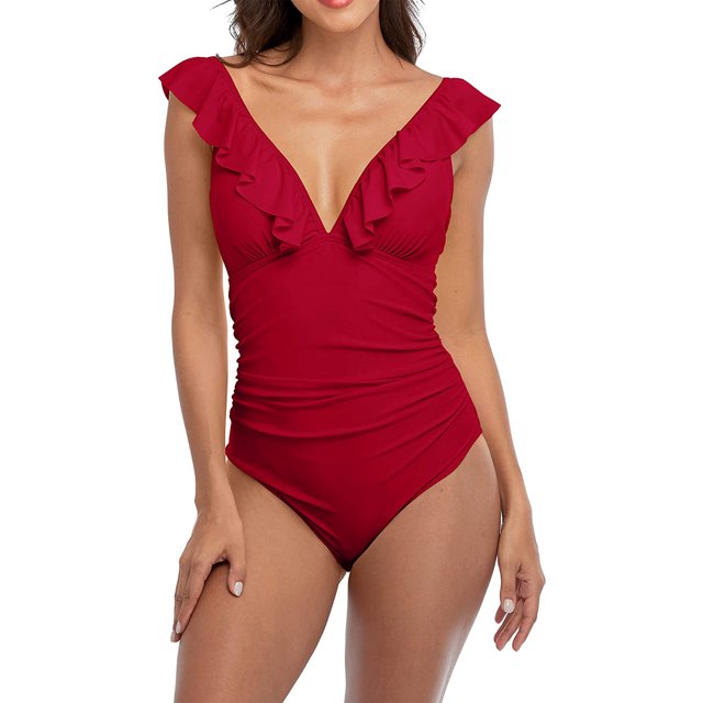 Maillots de Bain une Pièce à Volants pour Femmes Monokini Froncé Col en V