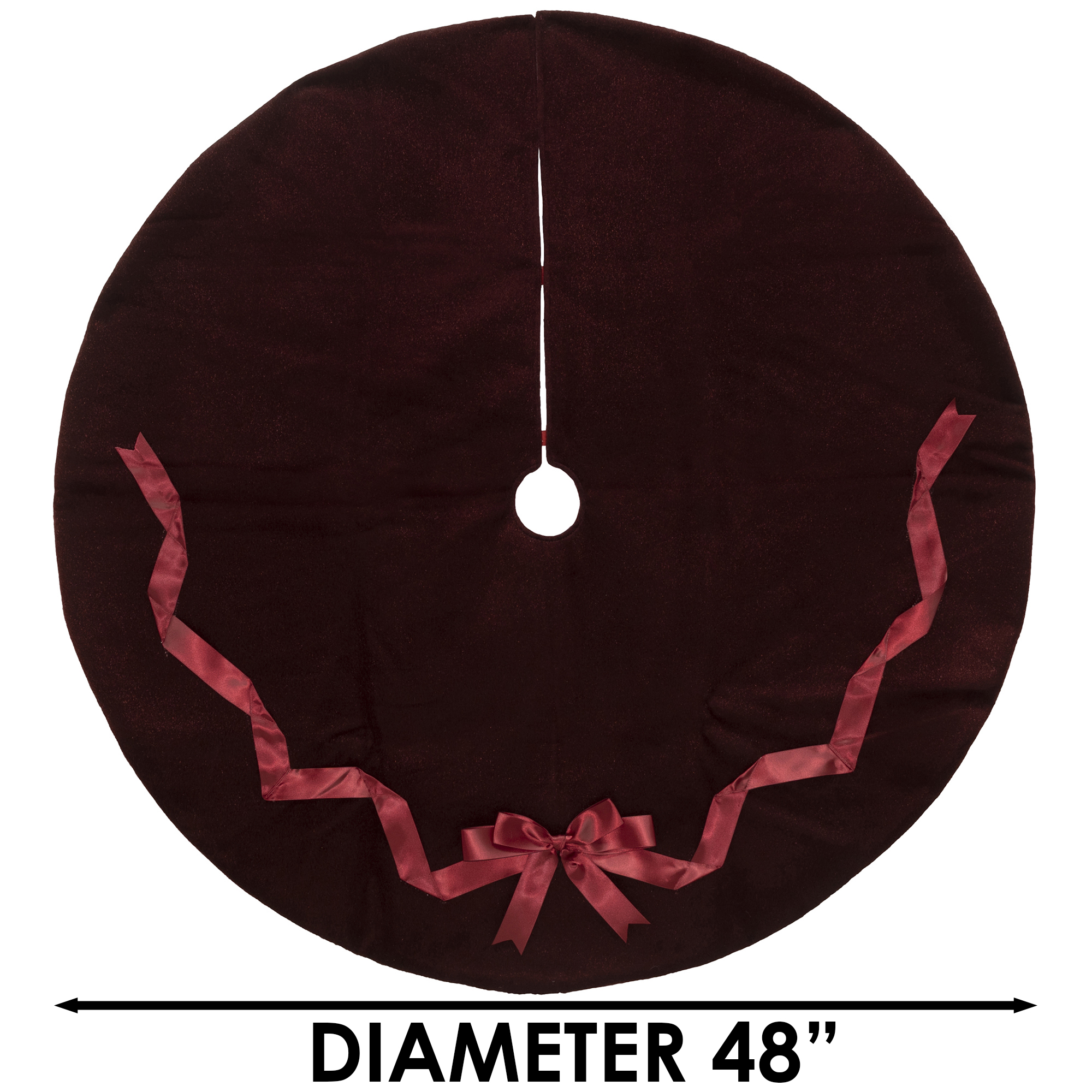 Holiday Time Burgundy Mohair Christmas Tree Skirt with Satin Soft Ribbon and Bow, 48 inches