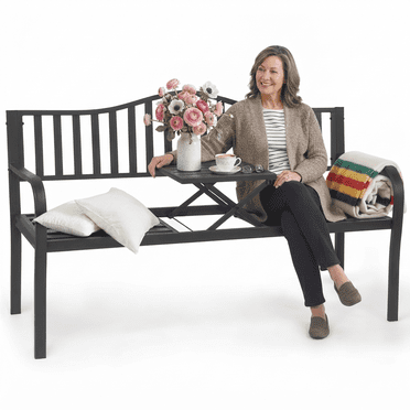 Naipo Outdoor Metal Garden Bench 59" Patio Bench with Built in Table Park Bench, Outside Bench Weather Proof Front Porch Bench, 500lbs