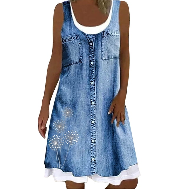 Pisexur Robe en Denim Aguichant pour Femme Sans Manches à Col en V, Robe Midi à Fleurs, Décontractée, Fente Latérale, Robe-Chemise en Jean
