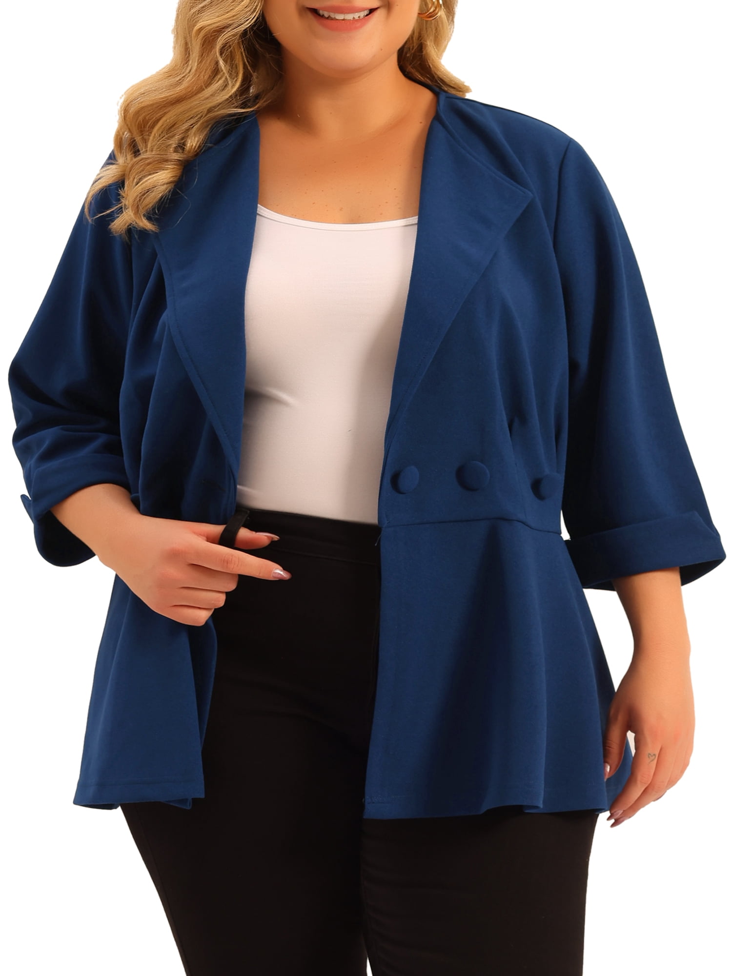 GRACE & GRANDEUR Women's Plus Size Formal Curve 3/4 Sleeve Peplum Bomber Work Blazer