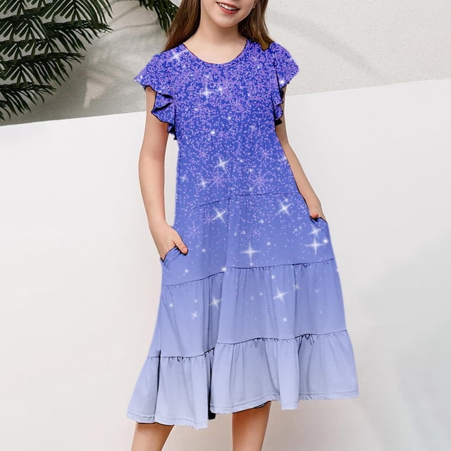 Girls Dresses Casual Gradient Ruffle Sleeve Round Neck Layered A-Line Dress for Daily Outdoor Use 6-15 Years