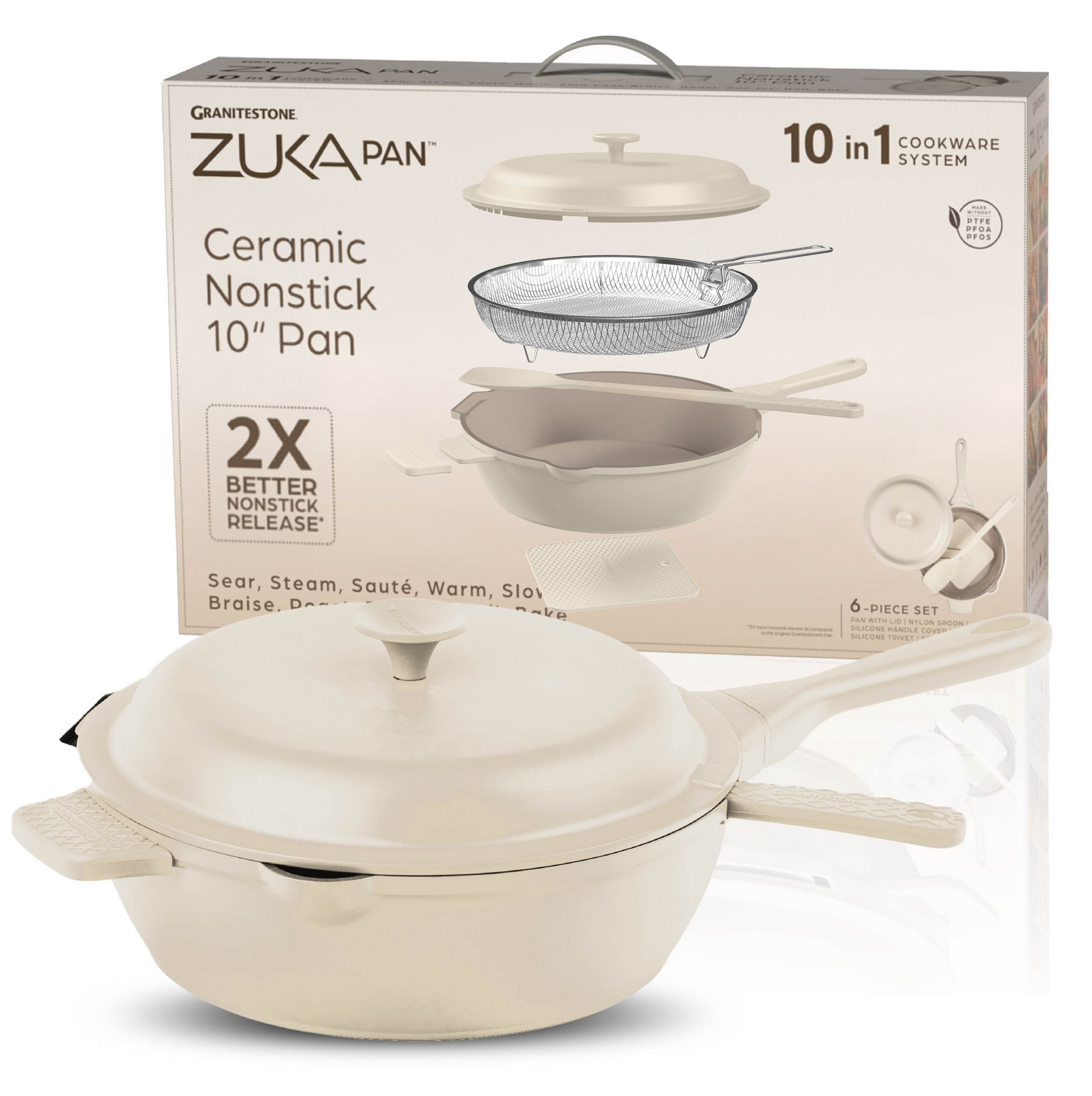Granitestone ZUKA Cream 6 Piece Nonstick Ceramic Oven Safe Dishwasher Safe All In One Pan Set