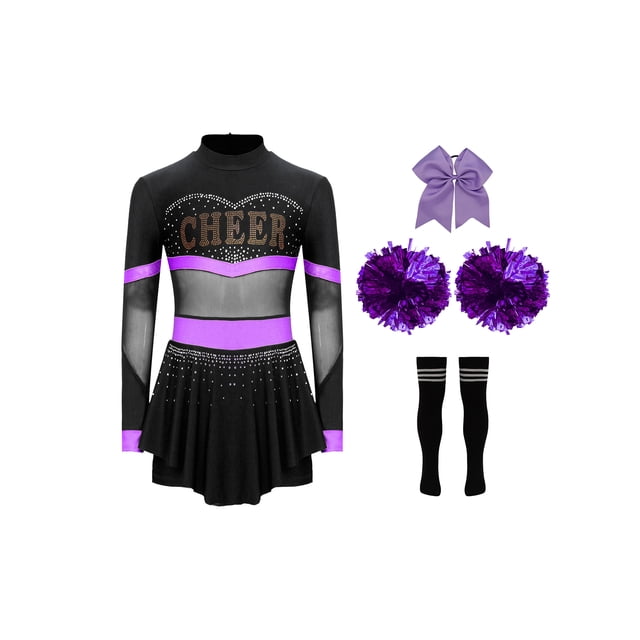 Aislor Tenues de Cheerleading pour Filles Enfants Costume de Cosplay Chef de Cheer Halloween Robe de Fête Rave Danse Justaucorps Violet A 8