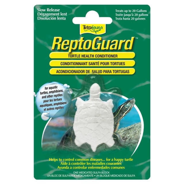 Tetra ReptoGuard Turtle Health Conditioner slow-release medicated sulfa block for aquarium water, treats up to 20 gallons, helps control common diseases in aquatic turtles, amphibians, and reptiles, ideal for aquarium water care.