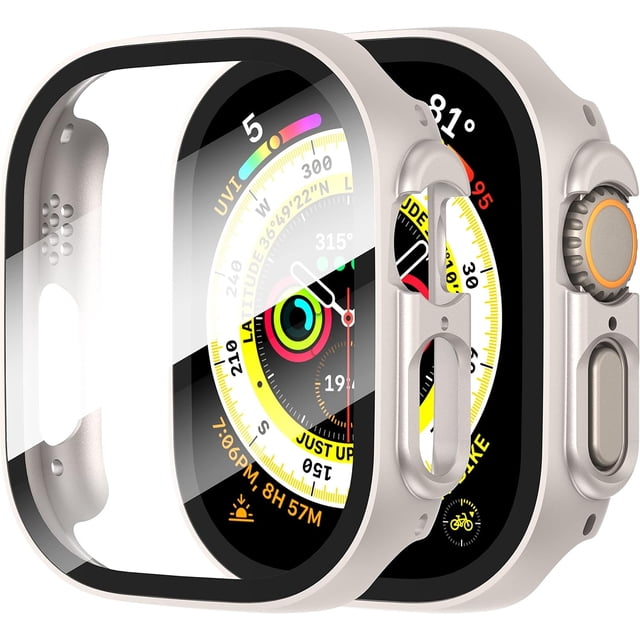 KOMI 2-Pack for Apple Watch Ultra/Ultra 2 49mm PC All-Around Screen Protector Case, Tempered Glass Screen Protector Case Ultra-Thin for iWatch Ultra/iWatch Ultra 2 49mm Protection Cover -Starlight