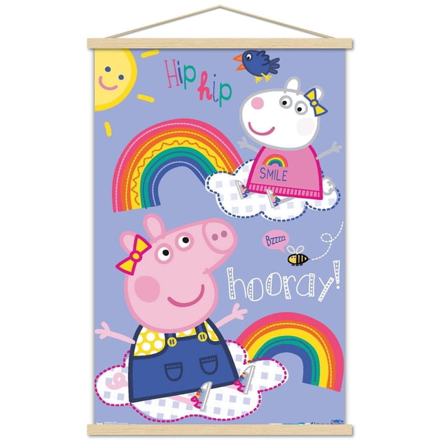 Peppa Pig - Hooray Wall Poster, 22.375" x 34" depicting Peppa Pig and a white character with a yellow bow sitting on white checkered clouds with colorful rainbows, a smiling sun, a blue bird, and a bee with speech bubbles saying 'Hip hip' and 'Bzzzz' and the word 'hooray!' on a light purple background, suitable for children's room wall decor.
