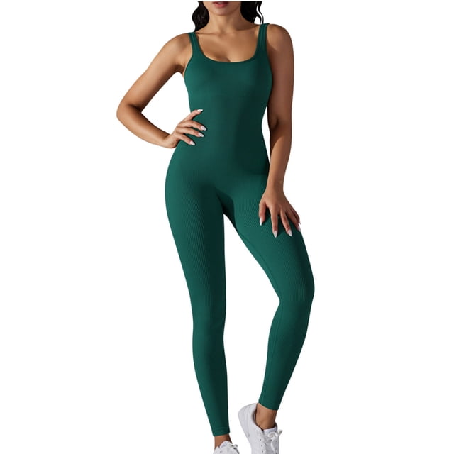 AherBiu Workout Bodysuits for Women Sleeveless Square Neck Ribbed Slim Yoga Jumpsuits Joggers Rompers
