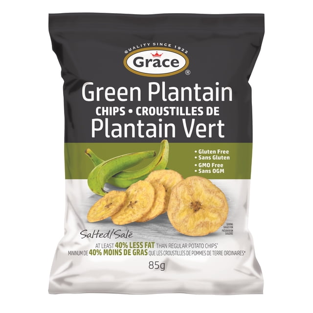Grace Kennedy Green Plantain Chips salted 85g bag featuring gluten-free, GMO-free vegetable chips made from green plantains, with an image of fresh green plantains and crispy round plantain chips, offering a snack with 40% less fat than regular potato chips.