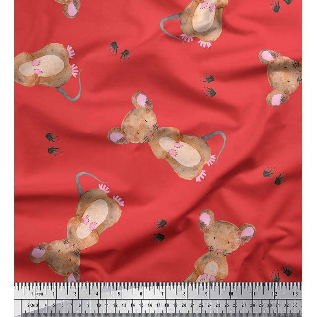 Soimoi Orange polyester Crepe Fabric Footprints & Mouse Kids Decor Fabric Printed Yard 52 Inch Wide