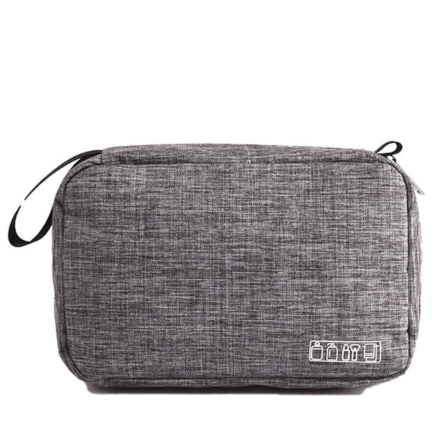 Makeup Bag Travel Cosmetic Bag Hanging Toiletry Kit in grey polyester cationic fabric with a smooth metal zipper and durable design. Compact size of approximately 24.5x7.5x13cm, featuring reasonable partitioning for large capacity storage, a hook for convenient hanging, and mesh panels for easy identification of contents. Ideal as a travel case or cosmetic organizer.