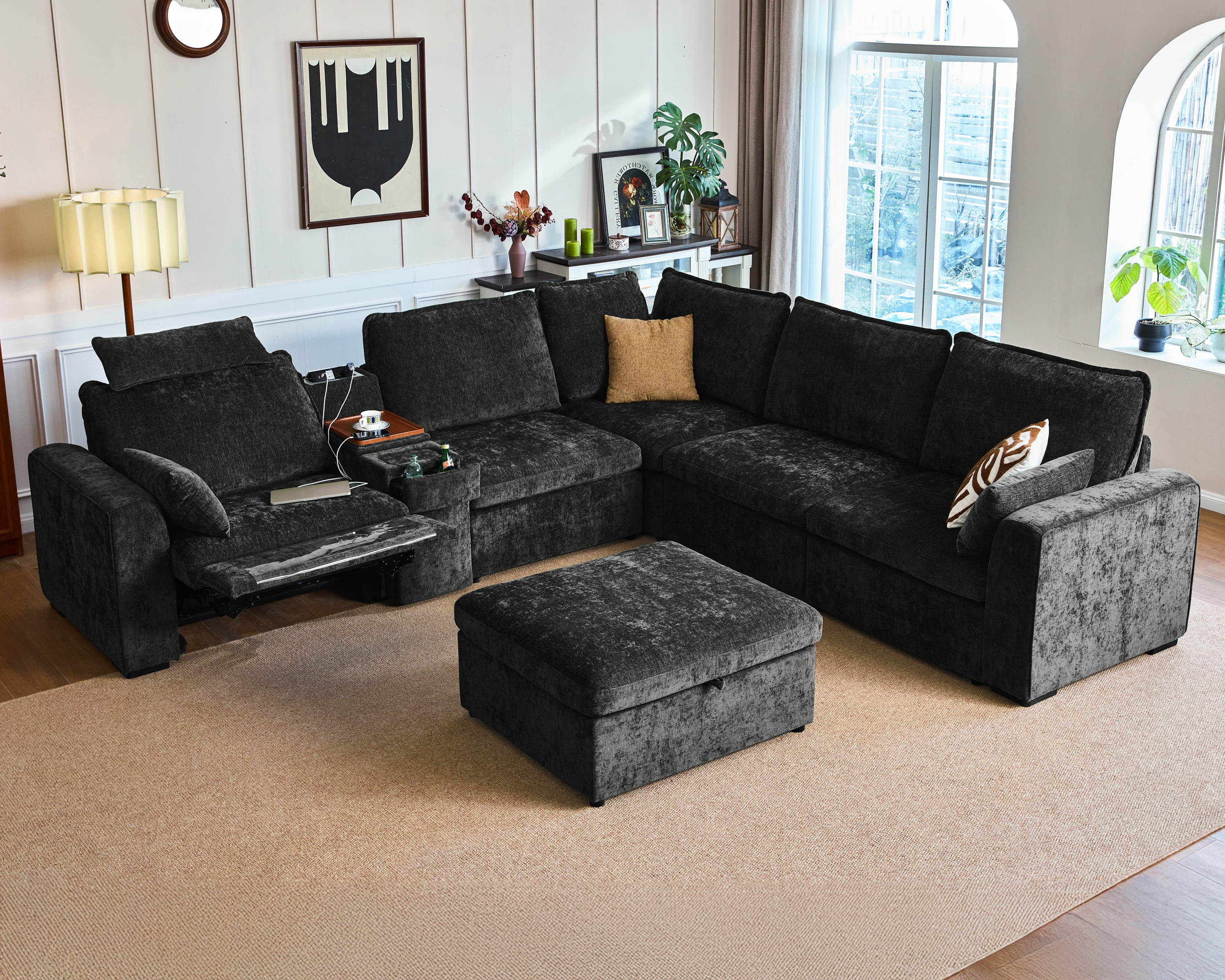 BEDEEP 133.9'' Power Recliner Sofa with Headrest Console, Moduar Cloud Sectional Chenille Reclining Couch with Storage Ottoman Chaise, Convertible 6-Seater Sofa Couch for Living Room RV, Black