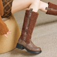thumbnail image 3 of Womens Fleece Mid Calf Winter Combat Boots Fashion Plush Leather Patchwork Chunky Heel Knee High Riding Tall Boots, 3 of 6