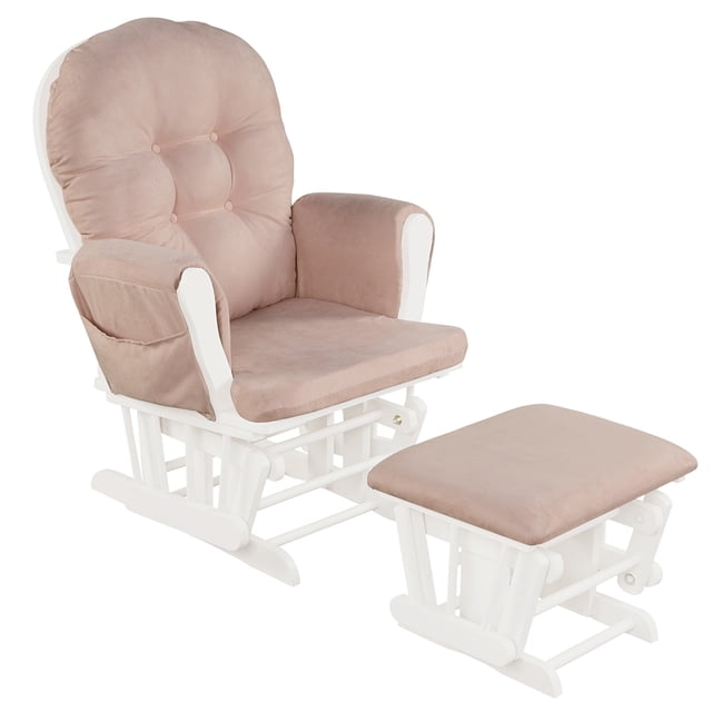 Patiojoy Rocking Chair Baby Nursery Chair Glider with Ottoman & Storage Pocket in pink. Features a solid wood frame, soft microfiber fabric, and padded armrests with detachable storage pockets. Includes a matching ottoman for added comfort. Suitable for nurseries, living rooms, and bedrooms.