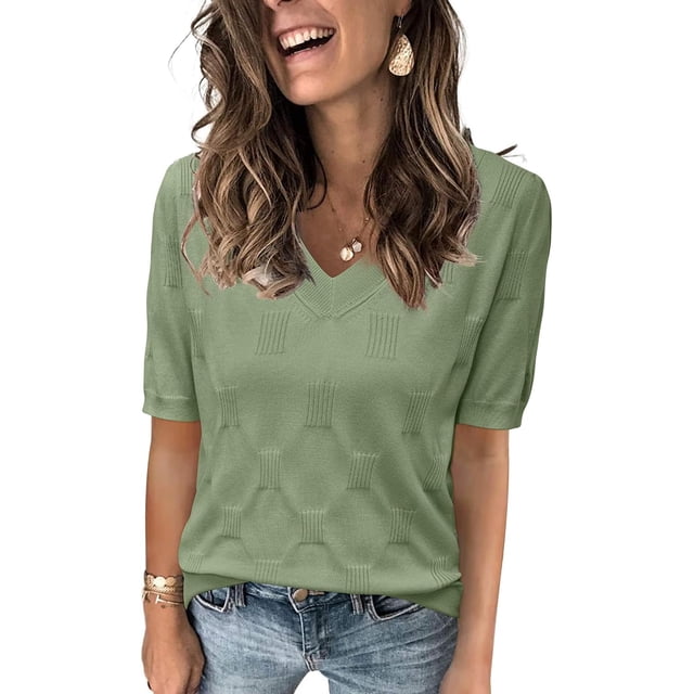 Arach&Cloz Women's V-Neck Short Sleeve Special Rib Knitted Pattern Casual Tops Sweater Spring Summer 2025