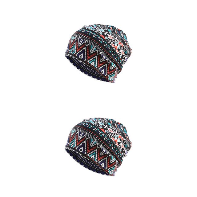 Maytalsory Bonnet Hijab Ethnique Imprimé Floral Turban Coloré Réglable Protection des Oreilles Accessoires de Style Bonnet Losange Bleu 2Set