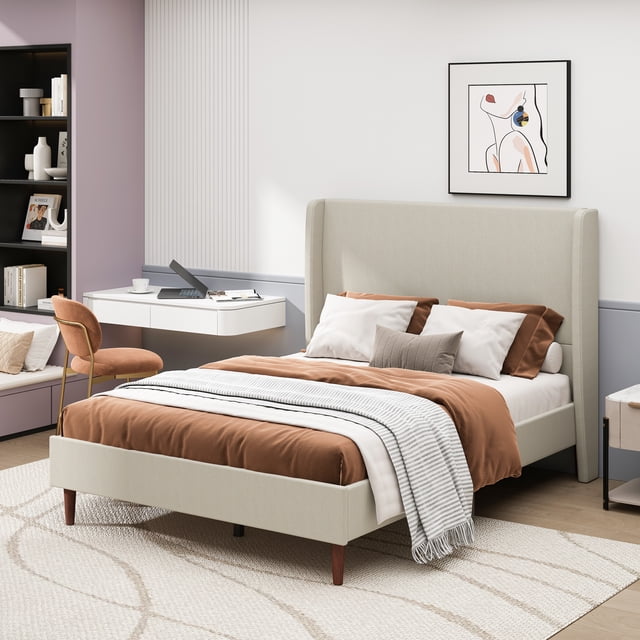 Noble House Queen Upholstered Platform Bed,High Headboard Linen Cloth,12-Slat Support,Beige