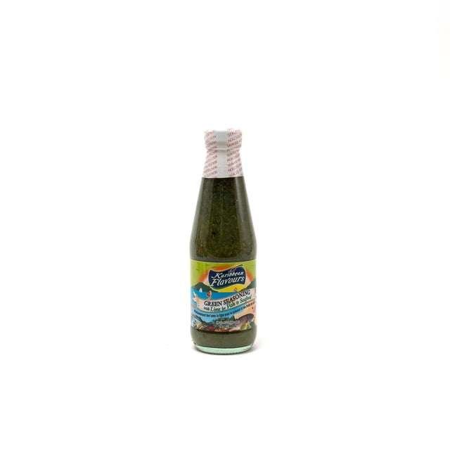 Karibbean Flavours Assaisonnement Vert avec Lime dans une Bouteille en Verre Transparent avec un Bouchon Blanc Scellé, Contenant un Mélange d'Herbes Vert Foncé avec Jus de Lime, Thym Espagnol et Ciboulette, Idéal pour Ajouter une Saveur Caribéenne Authentique aux Plats de Poisson et de Fruits de Mer.