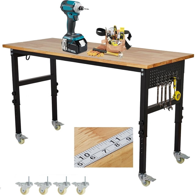 Établi Réglable de 70 Po avec Prise de Courant et Roues, Capacité de 2 200 Lb, Table de Travail de Garage Robuste avec Crochets pour Panneau Perforé et Échelle