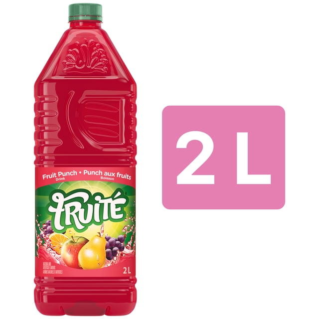 Fruits Fruité Boisson Punch aux Fruits dans une Bouteille en Plastique Rouge de 2 L avec Bouchon Vert, Étiquetée avec des images de Pomme, Poire, Raisins et orange, Offrant un Mélange de Jus Pasteurisé avec 90 calories par Portion de 250 ml, Convient au Déjeuner, au lunch Ou aux Collations.